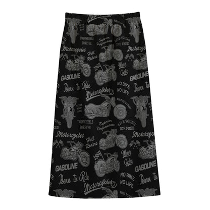Motorcycle Quote Pattern Print Cotton Front Slit Maxi Skirt