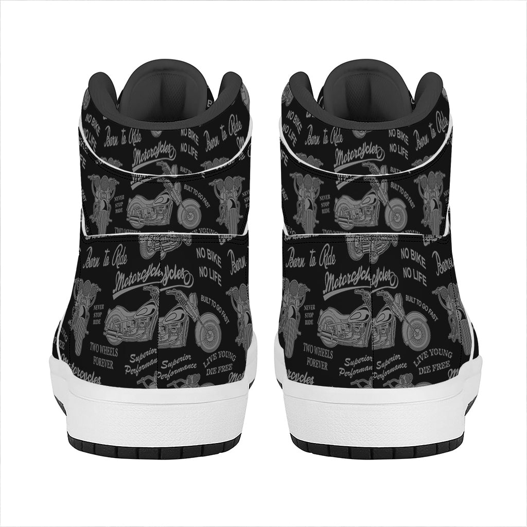Motorcycle Quote Pattern Print High Top Leather Sneakers