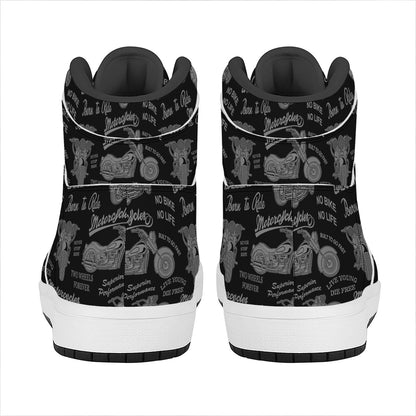 Motorcycle Quote Pattern Print High Top Leather Sneakers