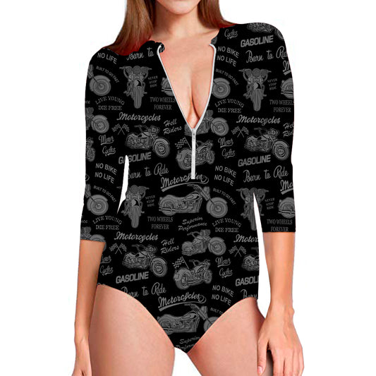 Motorcycle Quote Pattern Print Long Sleeve Swimsuit