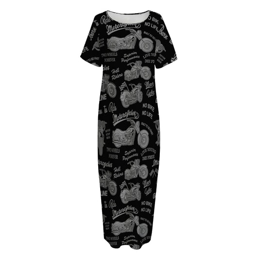 Motorcycle Quote Pattern Print Short Sleeve Long Nightdress