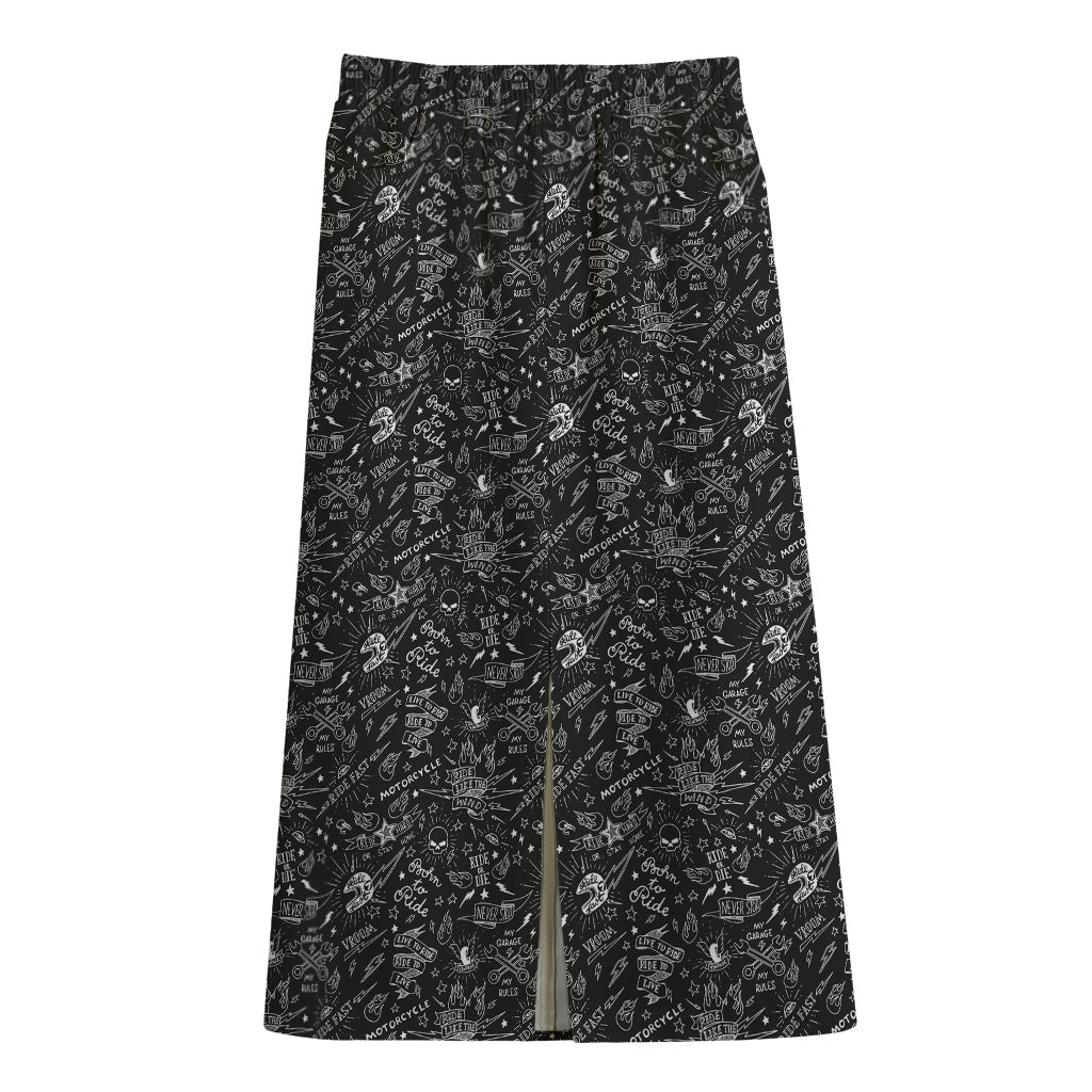 Motorcycle Words Pattern Print Cotton Front Slit Maxi Skirt