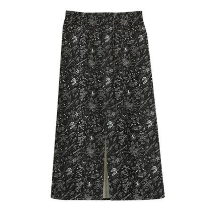 Motorcycle Words Pattern Print Cotton Front Slit Maxi Skirt