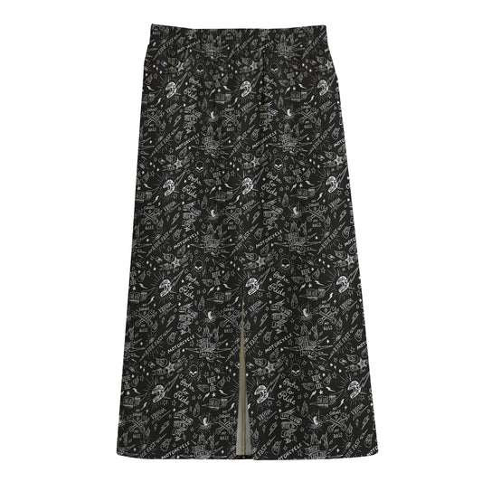 Motorcycle Words Pattern Print Cotton Front Slit Maxi Skirt
