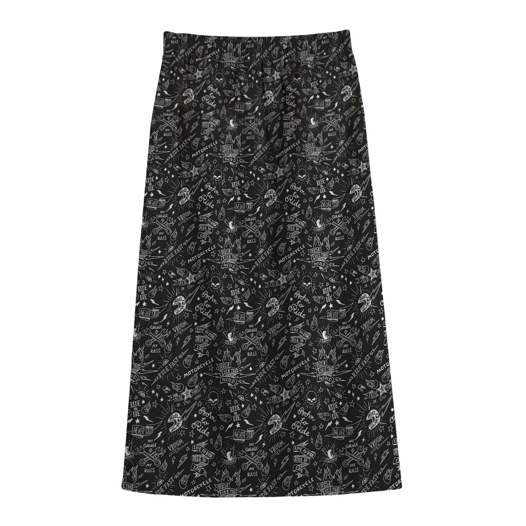 Motorcycle Words Pattern Print Cotton Front Slit Maxi Skirt