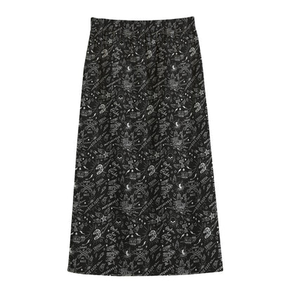 Motorcycle Words Pattern Print Cotton Front Slit Maxi Skirt