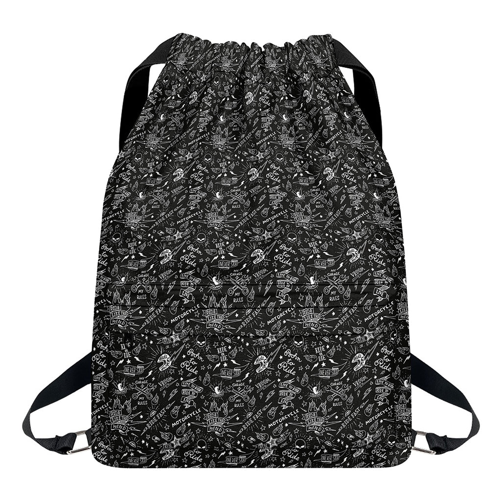 Motorcycle Words Pattern Print Drawstring Backpack
