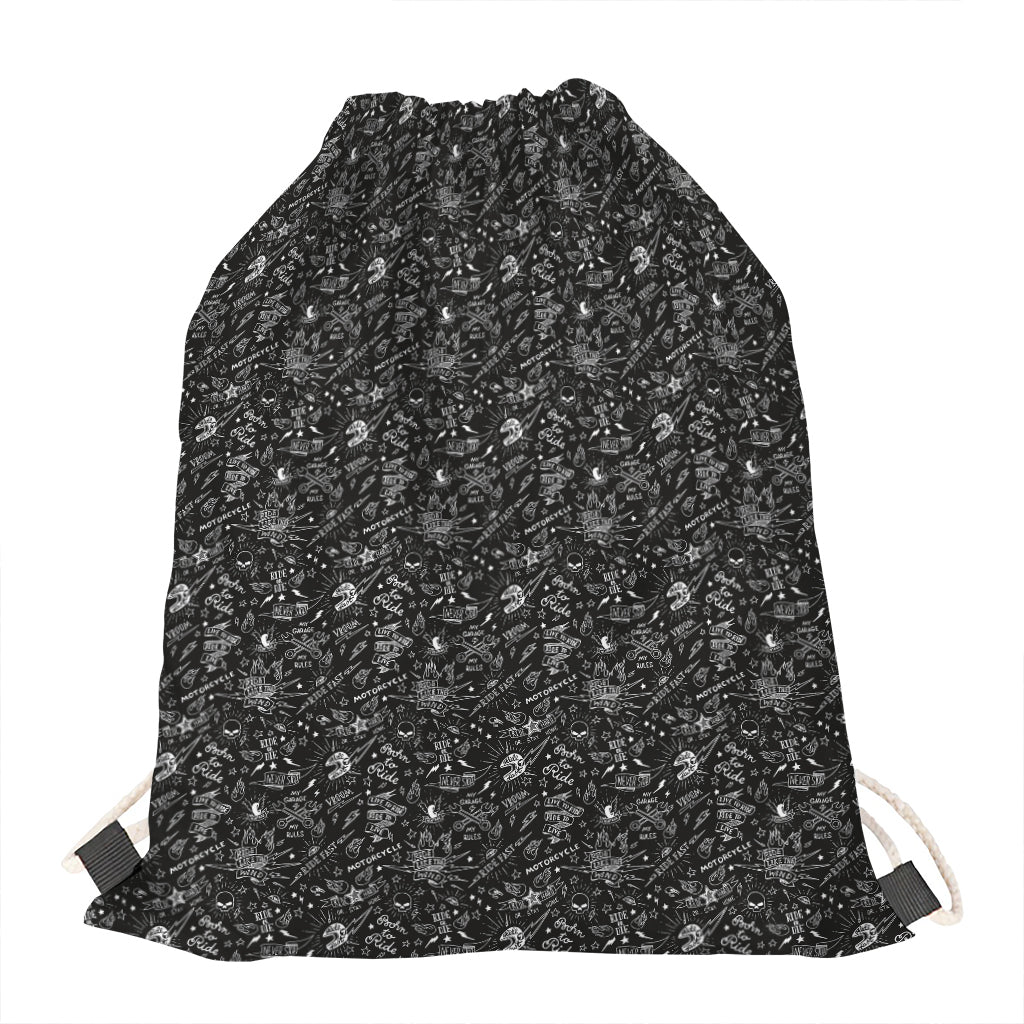 Motorcycle Words Pattern Print Drawstring Bag