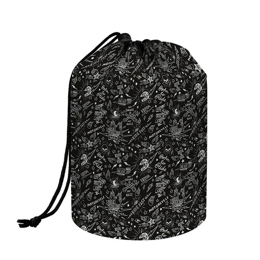 Motorcycle Words Pattern Print Drawstring Makeup Bag