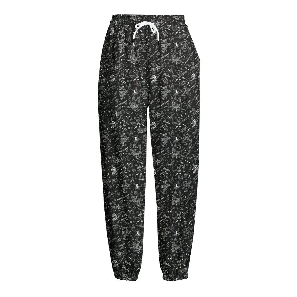 Motorcycle Words Pattern Print Fleece Lined Knit Pants