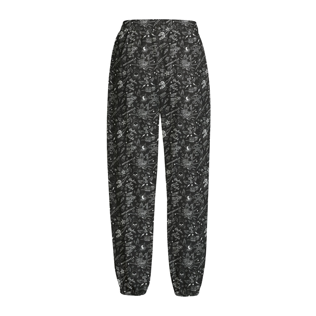 Motorcycle Words Pattern Print Fleece Lined Knit Pants