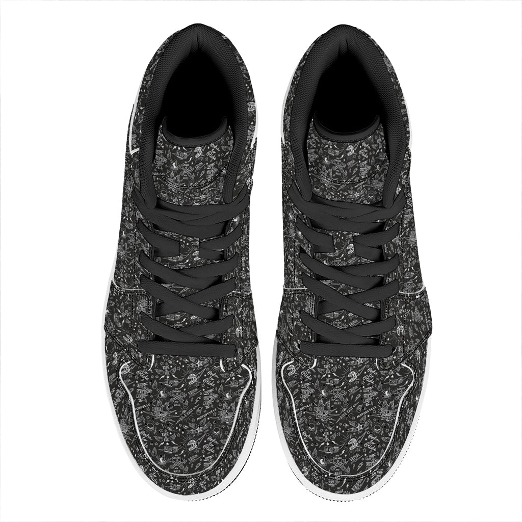 Motorcycle Words Pattern Print High Top Leather Sneakers