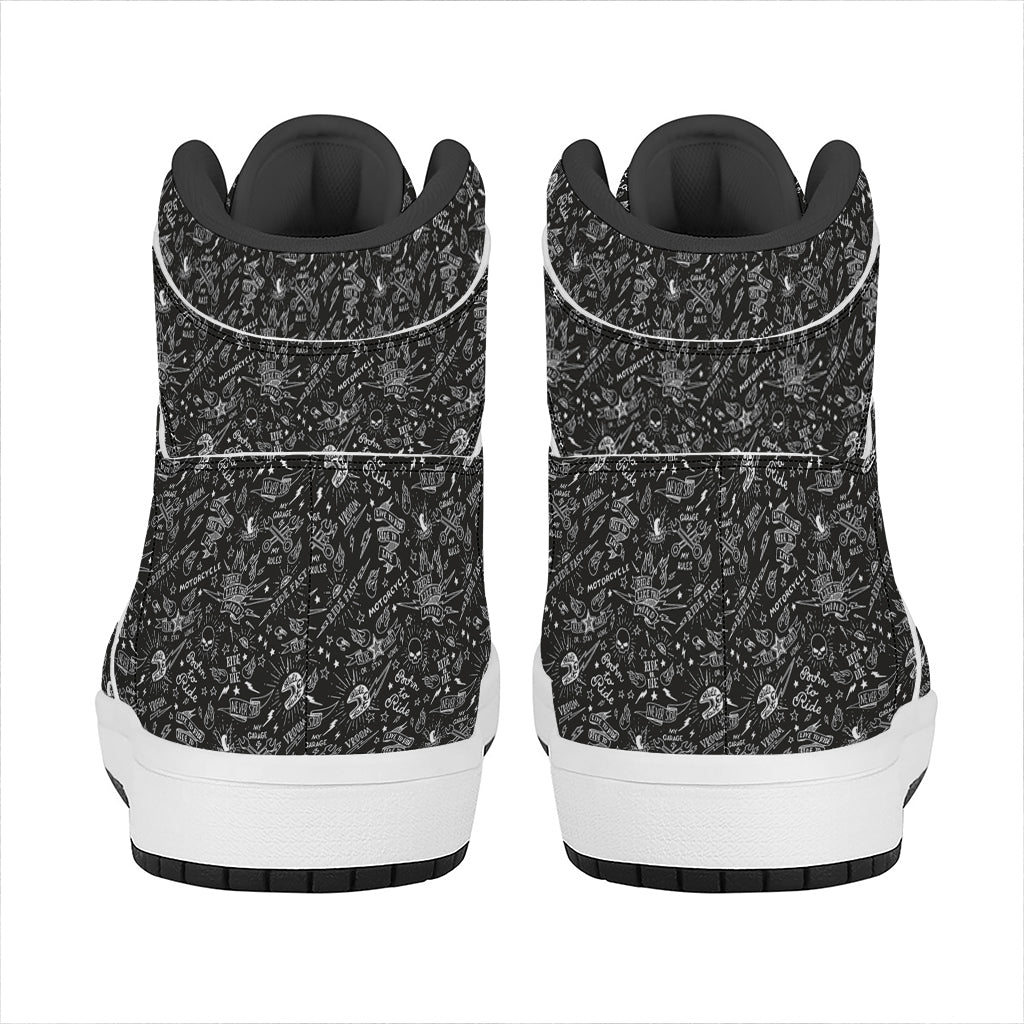 Motorcycle Words Pattern Print High Top Leather Sneakers