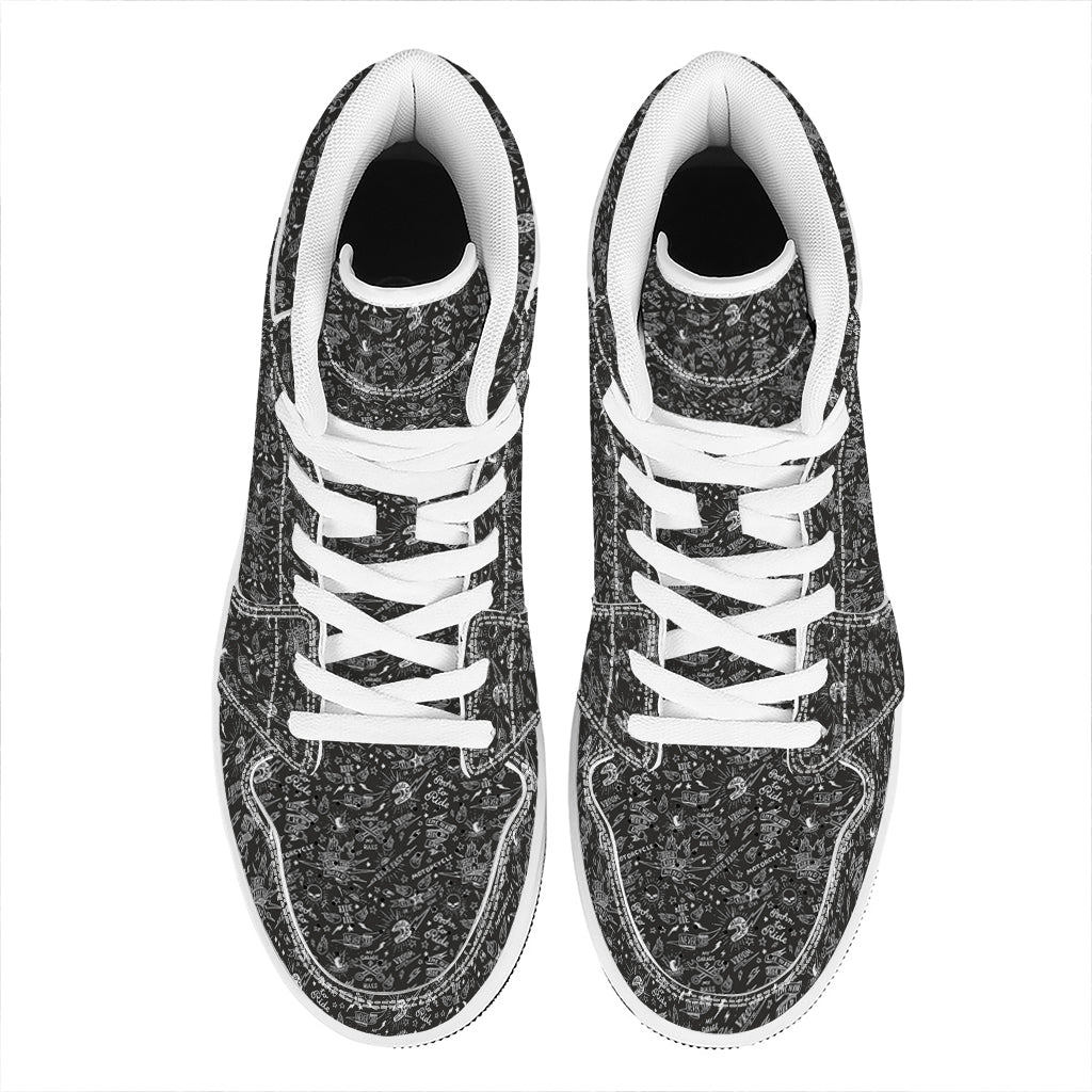 Motorcycle Words Pattern Print High Top Leather Sneakers