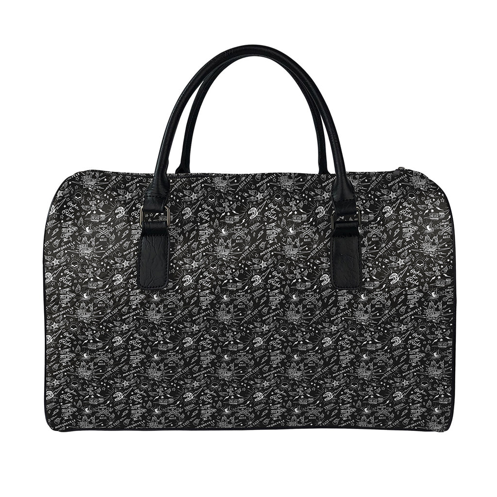 Motorcycle Words Pattern Print Leather Duffle Bag