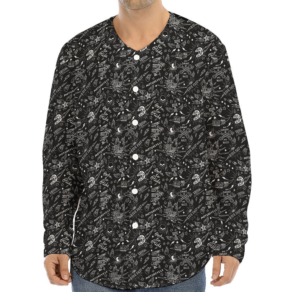 Motorcycle Words Pattern Print Long Sleeve Baseball Jersey