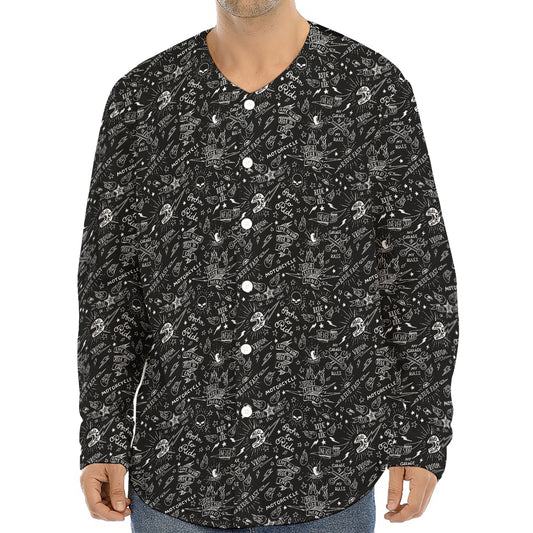Motorcycle Words Pattern Print Long Sleeve Baseball Jersey