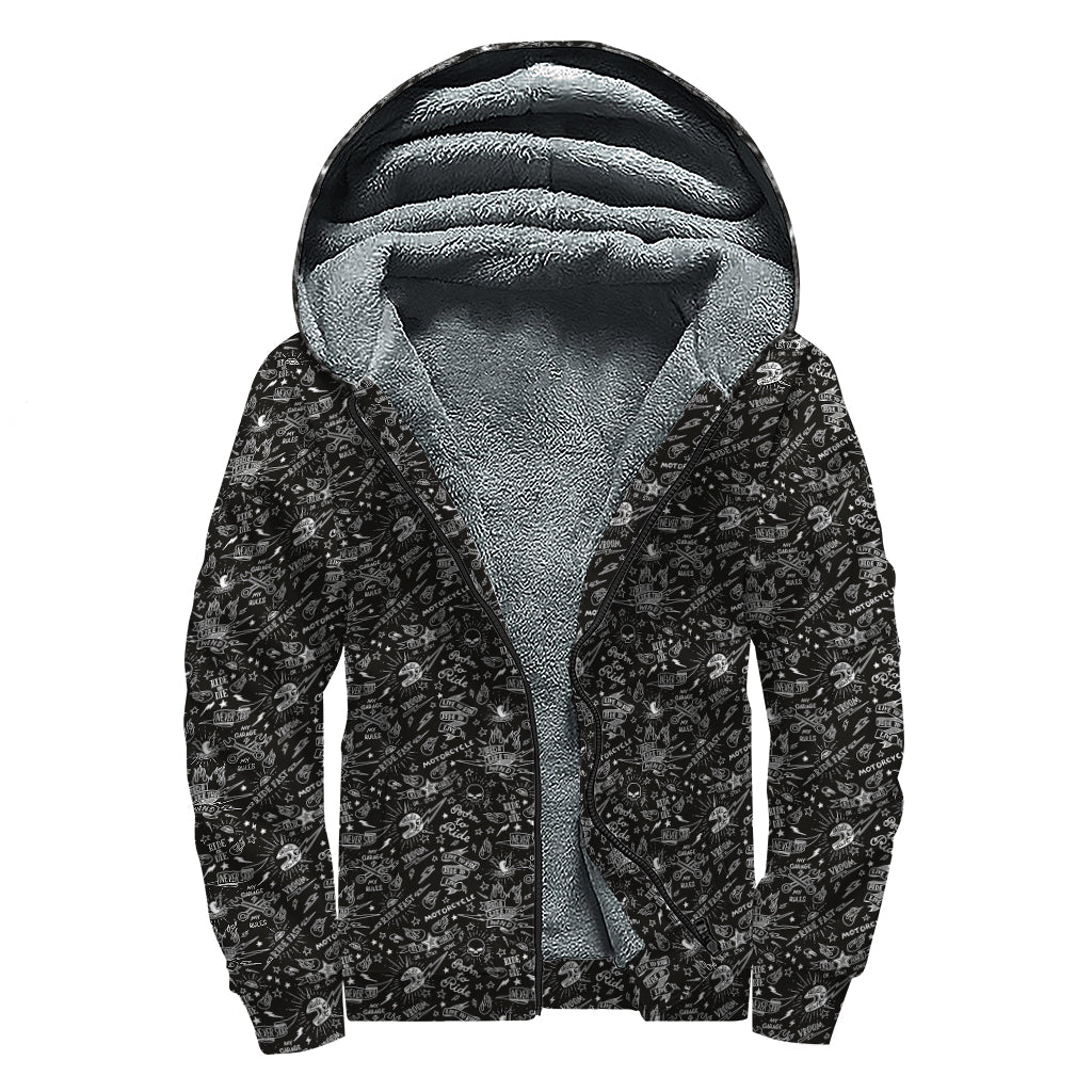 Motorcycle Words Pattern Print Sherpa Lined Zip Up Hoodie