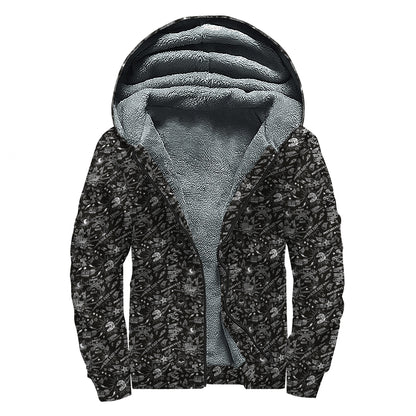 Motorcycle Words Pattern Print Sherpa Lined Zip Up Hoodie