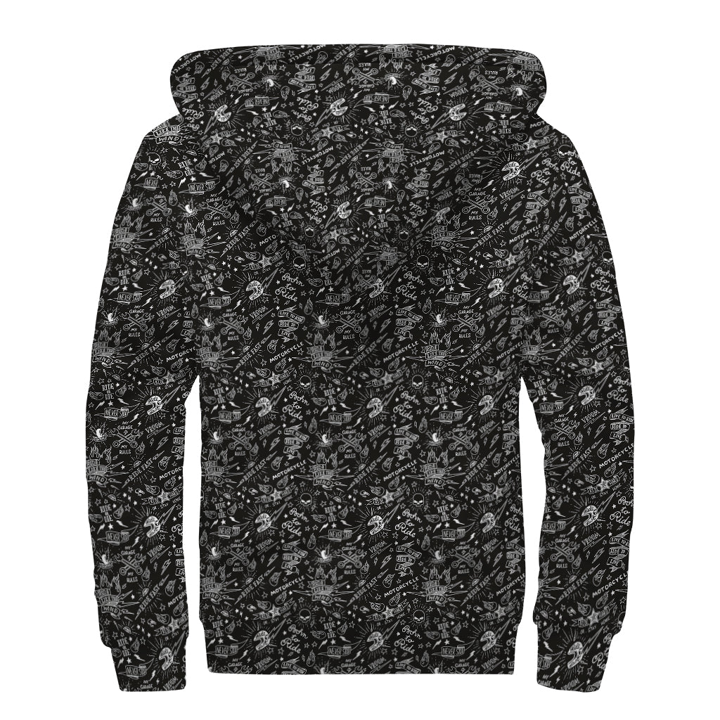 Motorcycle Words Pattern Print Sherpa Lined Zip Up Hoodie