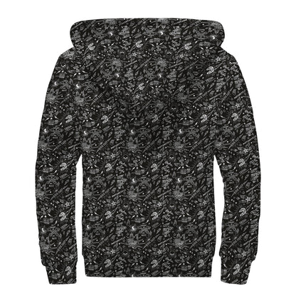 Motorcycle Words Pattern Print Sherpa Lined Zip Up Hoodie