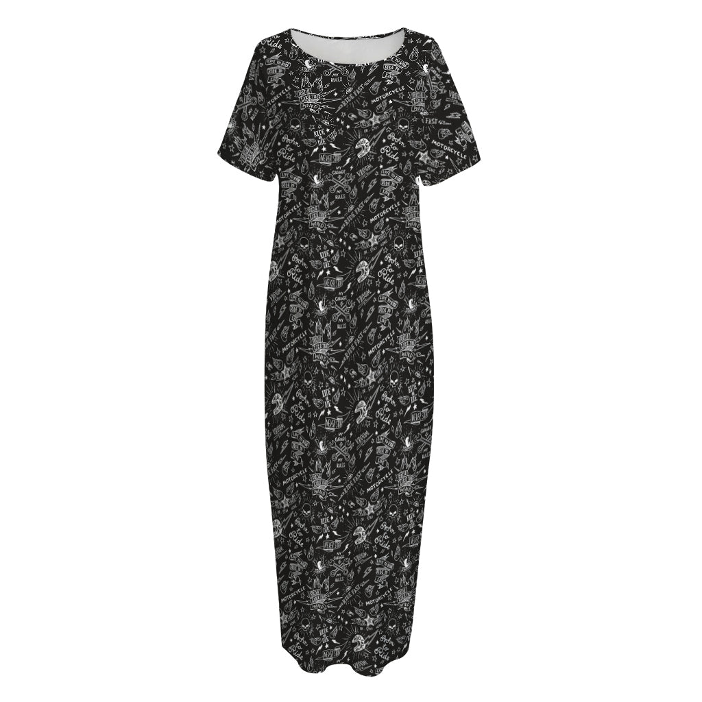 Motorcycle Words Pattern Print Short Sleeve Long Nightdress
