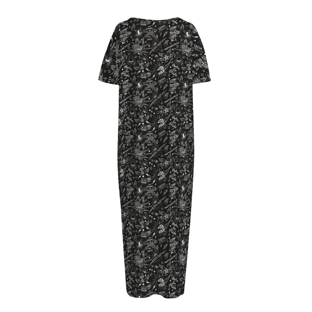 Motorcycle Words Pattern Print Short Sleeve Long Nightdress