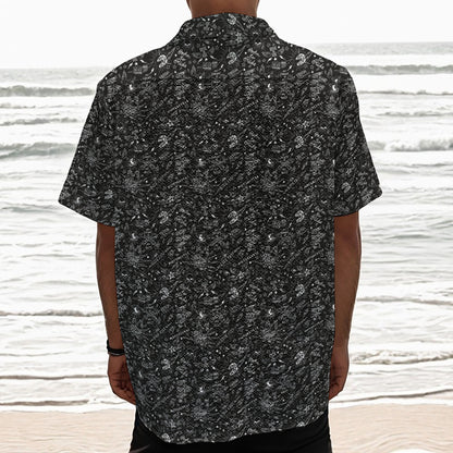 Motorcycle Words Pattern Print Textured Short Sleeve Shirt