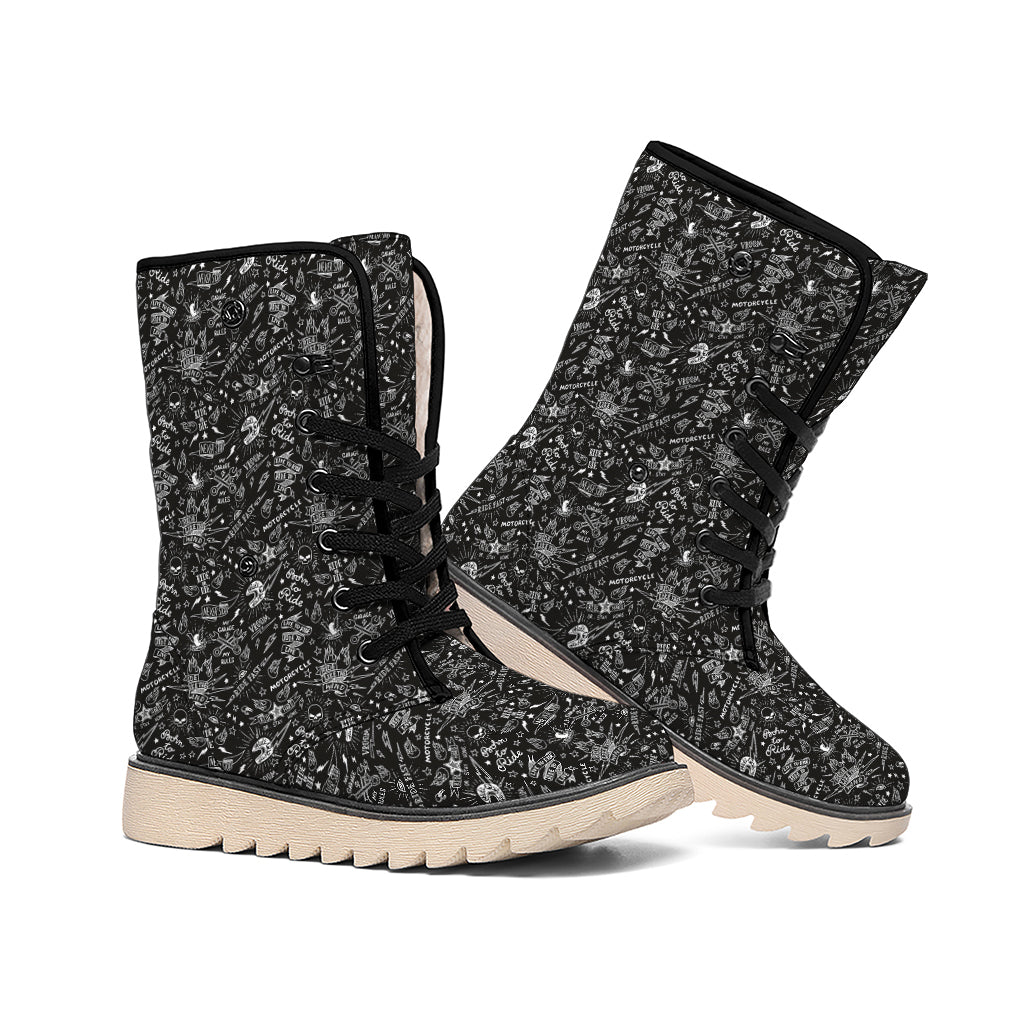 Motorcycle Words Pattern Print Winter Boots