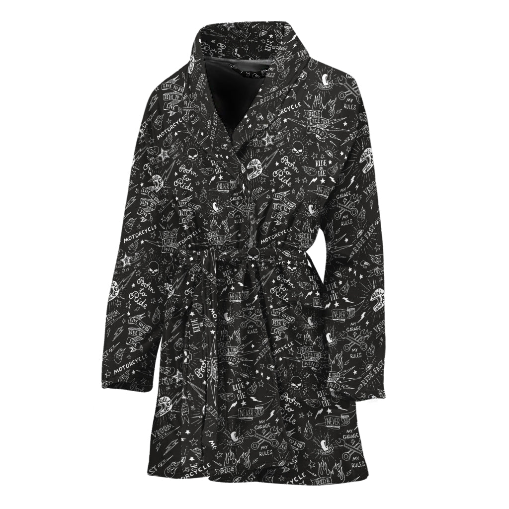 Motorcycle Words Pattern Print Women's Bathrobe