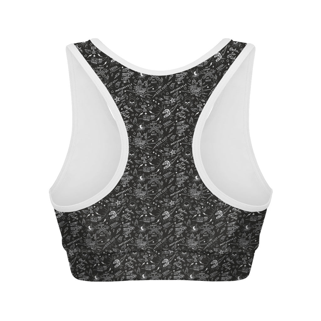 Motorcycle Words Pattern Print Women's Sports Bra