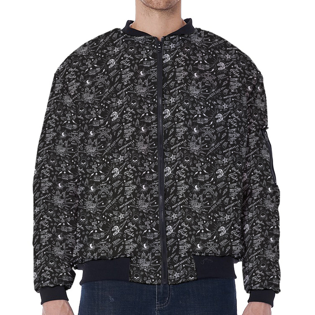 Motorcycle Words Pattern Print Zip Sleeve Bomber Jacket