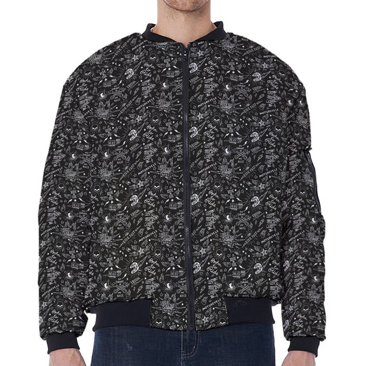 Motorcycle Words Pattern Print Zip Sleeve Bomber Jacket