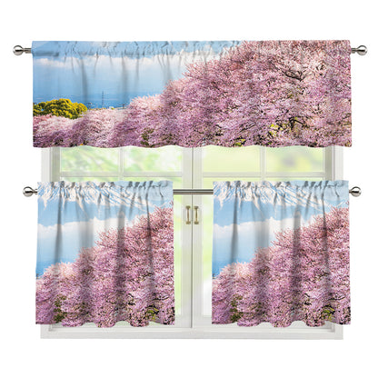 Mount Fuji And Cherry Blossom Print 3 Piece Kitchen Curtains