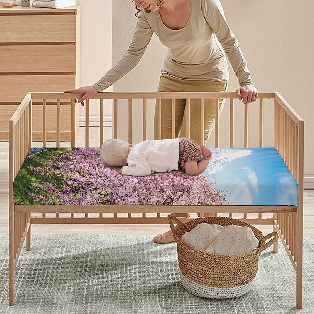 Mount Fuji And Cherry Blossom Print Baby Crib Sheet