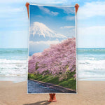 Mount Fuji And Cherry Blossom Print Beach Towel