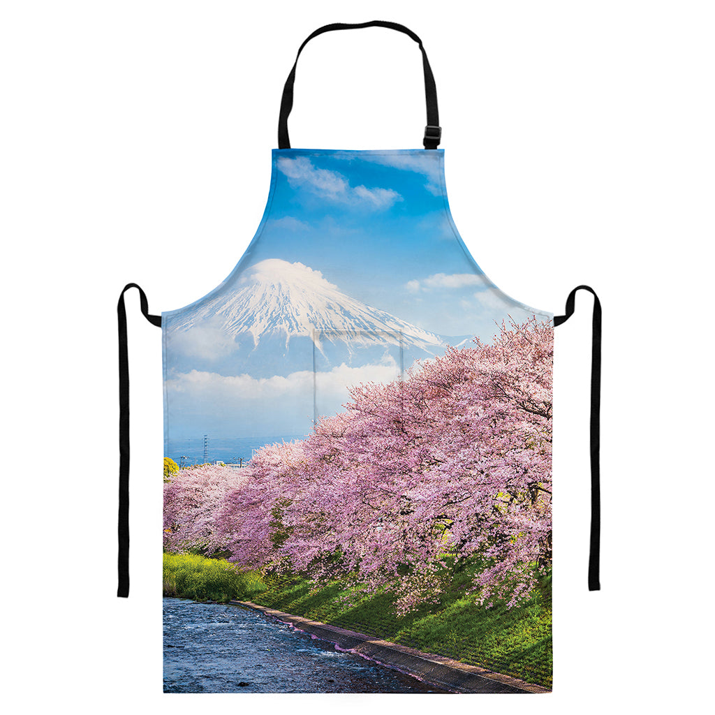 Mount Fuji And Cherry Blossom Print Bib Apron With Pocket