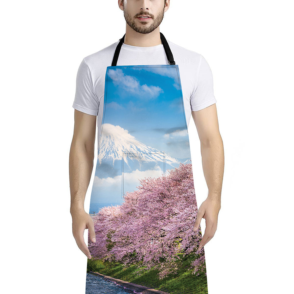 Mount Fuji And Cherry Blossom Print Bib Apron With Pocket