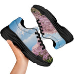 Mount Fuji And Cherry Blossom Print Black Chunky Shoes