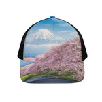Mount Fuji And Cherry Blossom Print Black Mesh Trucker Cap