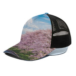 Mount Fuji And Cherry Blossom Print Black Mesh Trucker Cap