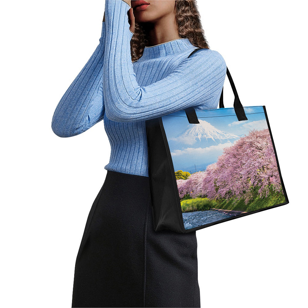 Mount Fuji And Cherry Blossom Print Canvas Tote Bag
