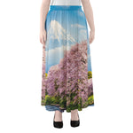 Mount Fuji And Cherry Blossom Print Chiffon Maxi Skirt
