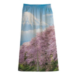 Mount Fuji And Cherry Blossom Print Cotton Front Slit Maxi Skirt