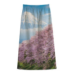 Mount Fuji And Cherry Blossom Print Cotton Front Slit Maxi Skirt