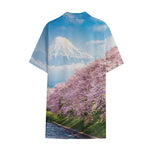 Mount Fuji And Cherry Blossom Print Cotton Hawaiian Shirt