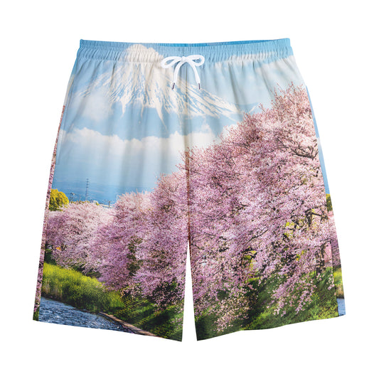 Mount Fuji And Cherry Blossom Print Cotton Shorts