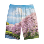 Mount Fuji And Cherry Blossom Print Cotton Shorts