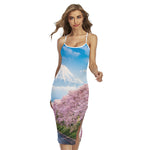 Mount Fuji And Cherry Blossom Print Cross Back Cami Dress