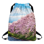 Mount Fuji And Cherry Blossom Print Drawstring Backpack